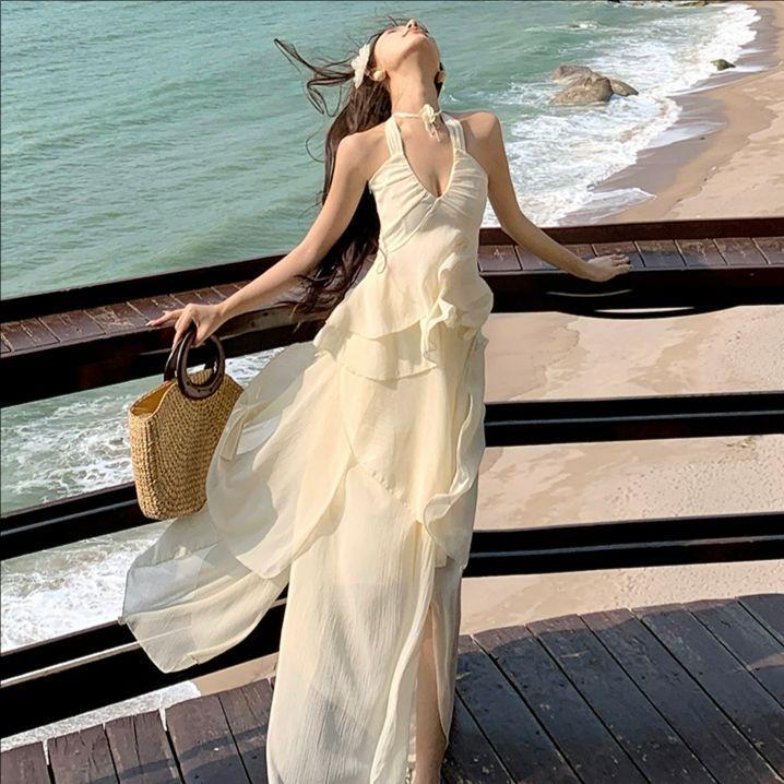 Fairy Suit, Summer Super Fairy Temperament, Seaside Vacation Dress, French Gentle Wind Irregular Neck Sling Skirt