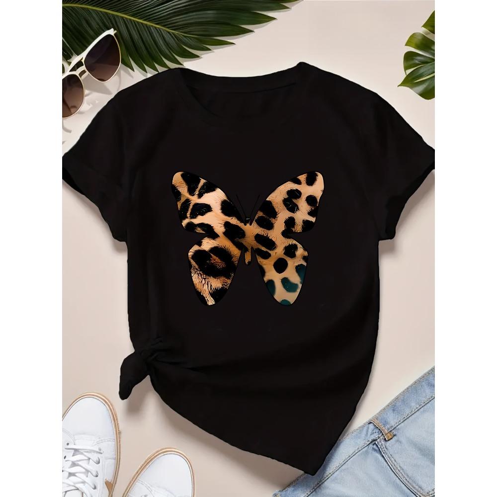 

Women s Leopard Butterfly Graphic T-Shirt Soft Comfortable Casual Tee Short Sleeve Round Neck with Bold Leopard Print Design S