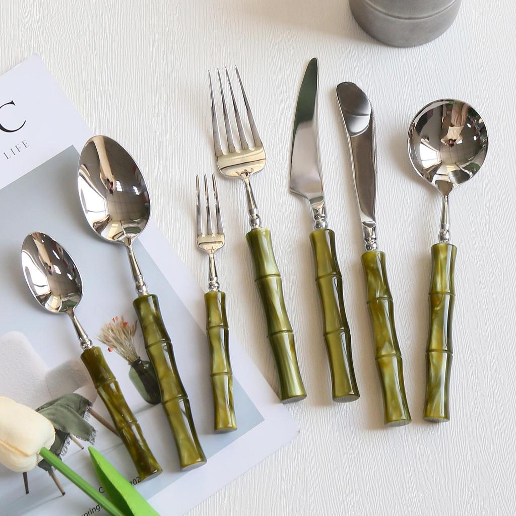 304 Stainless Steel Gold Cutlery Set with Violet Acrylic Bamboo Joint Handles: Includes Knife, Fork, and Spoon for Hotel Light Luxury Use.