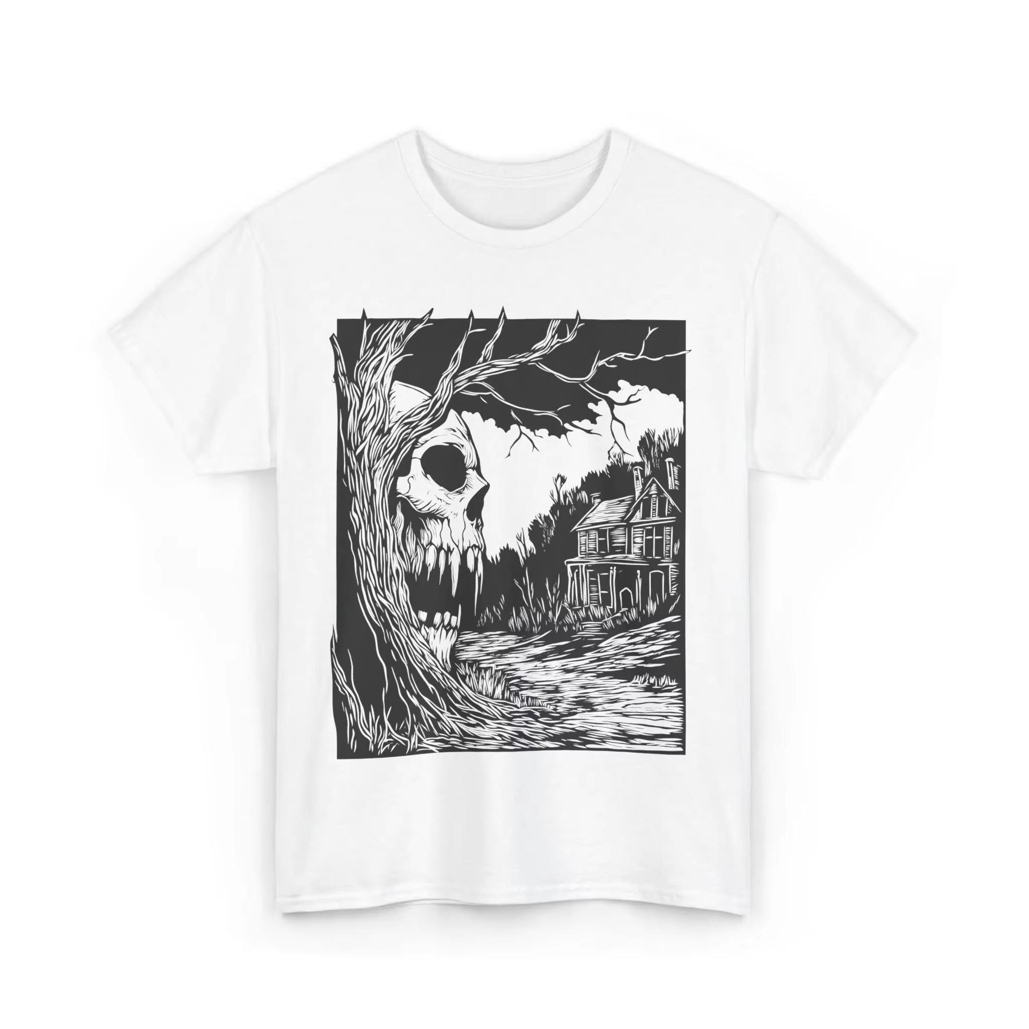 Haunted House Horror TShirt Gothic Forestcore Skull Tee Creepy Skull Illustration Spooky Dark Art Witchy Dark Men Clothing L
