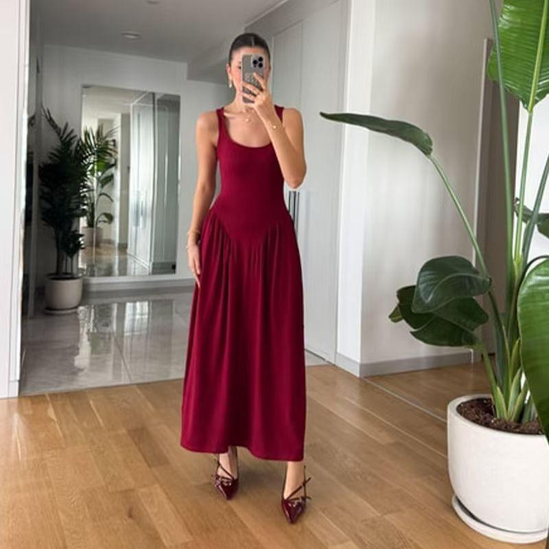 

European and American New Fashion Temperament Square Collar Sleeveless Pleat Dress Pleated Square Neck Dress Burgundy 2XL