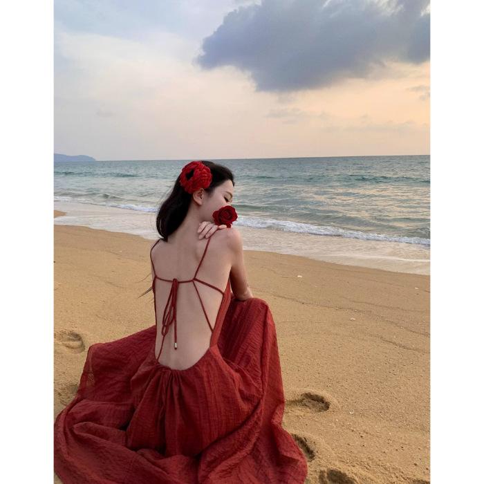 French Pink Premium Sexy Halter Suspender Dress Female Summer Fairy Temperament Seaside Vacation Princess Long Skirt