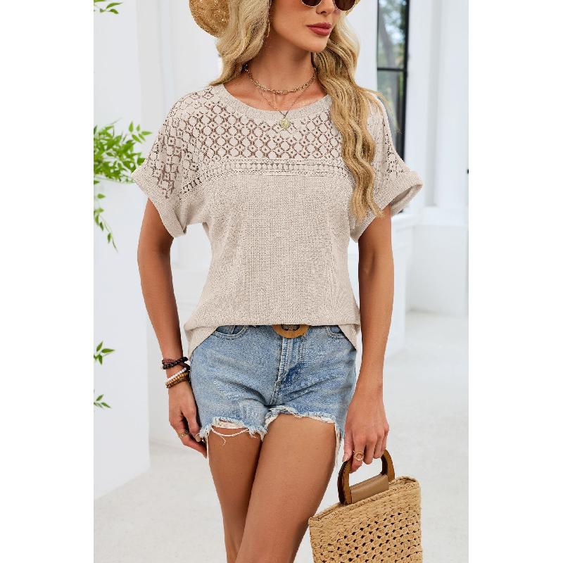 2026 Spring/Summer New Round Neck Lace Trim Loose Short Sleeve T-Shirt for Women