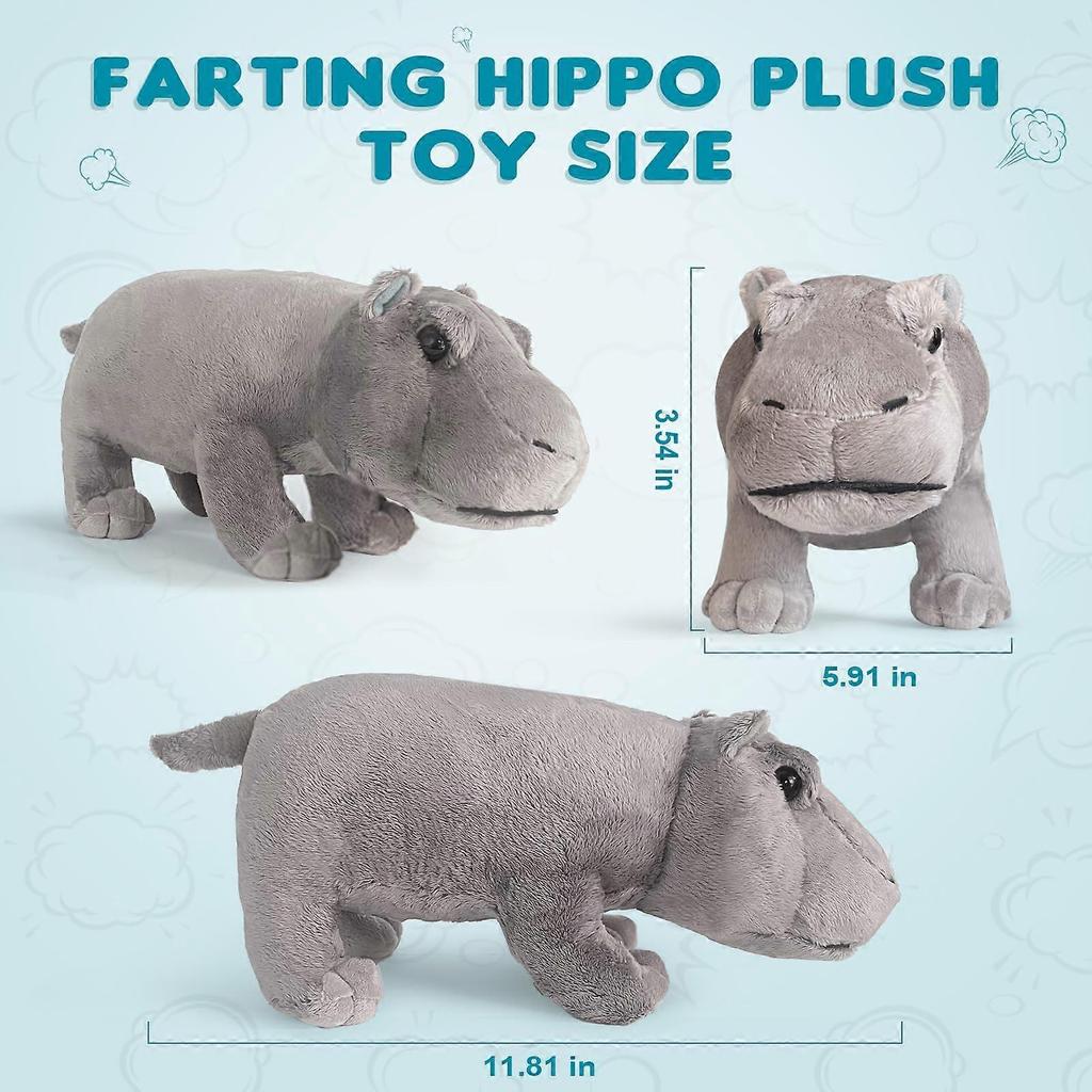 Hippo Farting Plush Toy with 30 Fart Sound Effects, Funny Stuffed Animal Gift for Kids and Adults