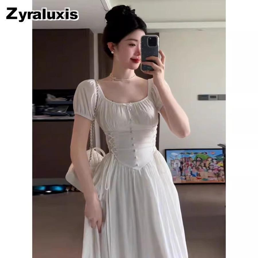 Summer New Women s Slim Fit White Dress French Vintage Style Tie-Dye Belted Long Skirt M белый