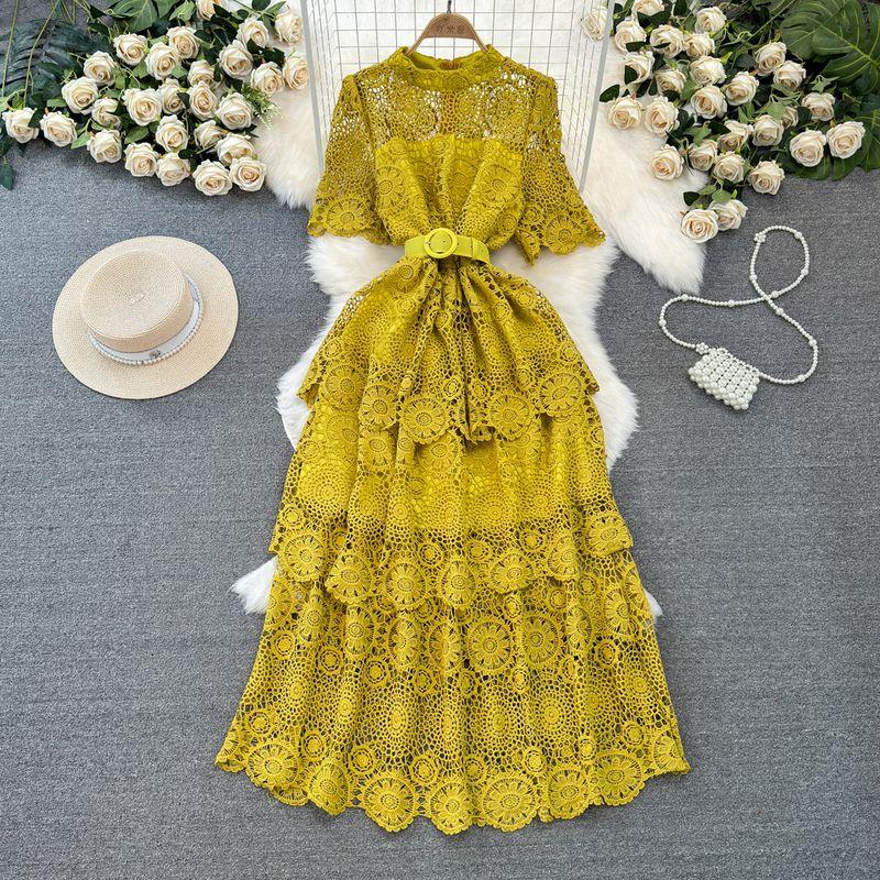 

Ladies Single-Breasted Water Soluble Lace Dress Short Sleeve Yellow All yards