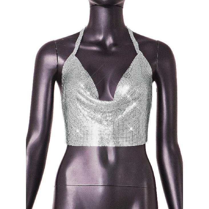 2026 New Sexy Nightclub Slim-Fit Metallic Sequin Halter Neck Backless Tank Top for Women HD20535 S серебряный