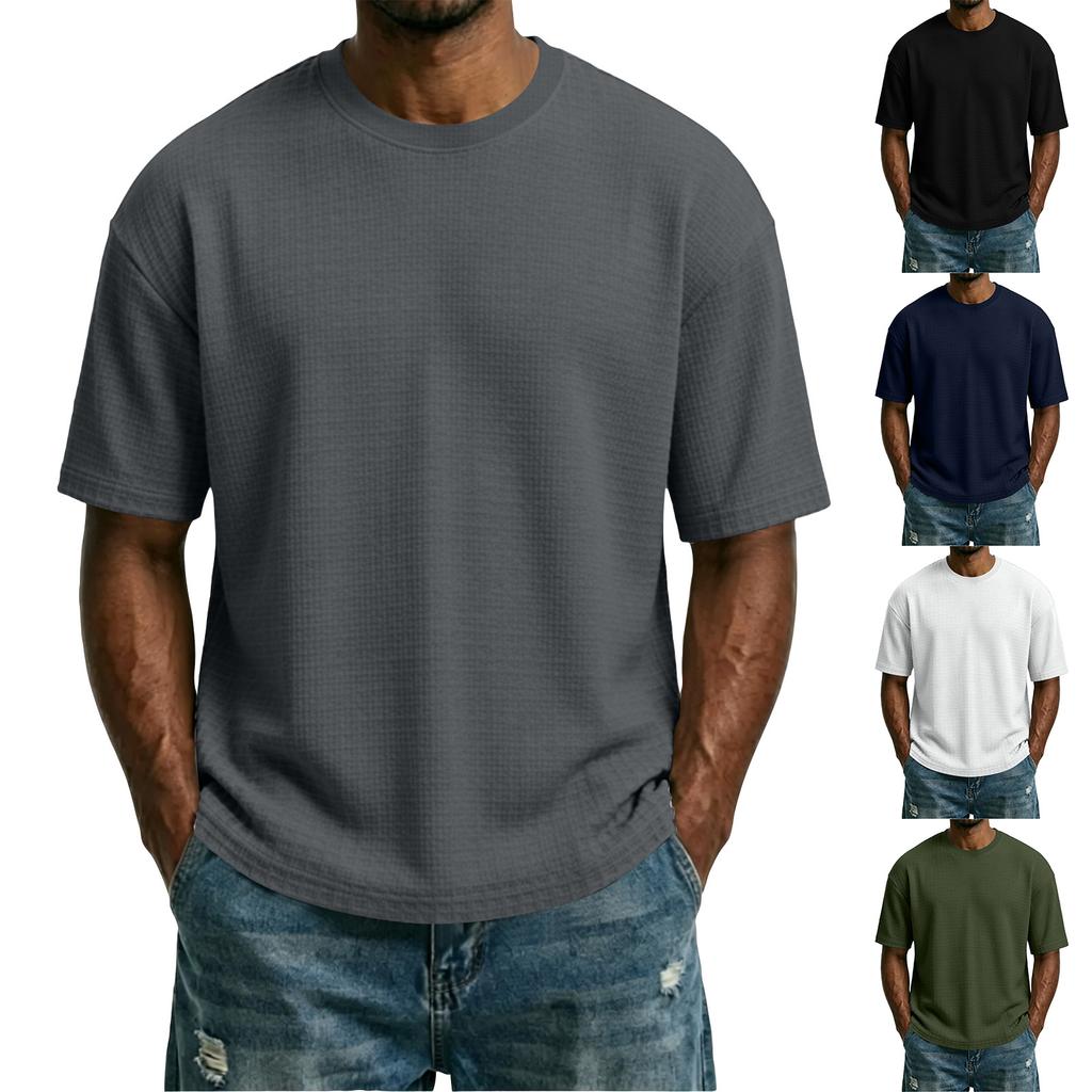Men's Solid Waffle Texture Loose Fit Crew Neck Short Sleeve T Shirt Casual Lightweight Breathable Fabric Summer Top