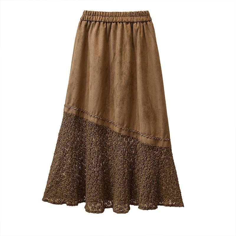 women suede lace patchwork midi skirt elastic waist casual solid color a-line skirt S
