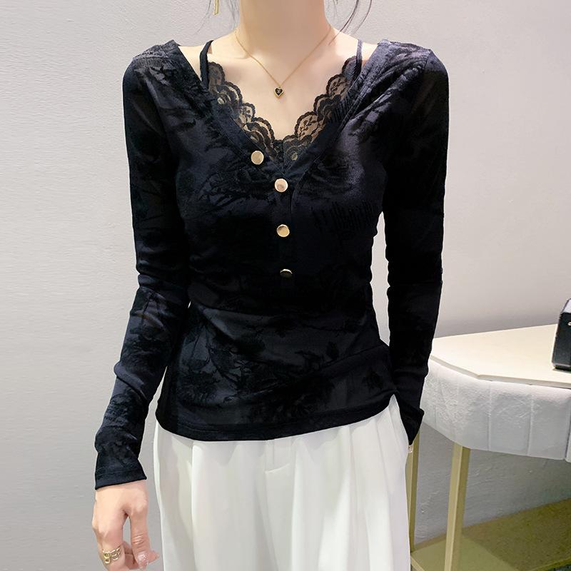 

Футболка с длинными рукавами Splicing, женственный топ с V-образным вырезом, тонкая и универсальная нижняя рубашка 3XL чёрный