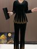 2pcs Pants Suit Spring Women's  Plus-size Velvet Blouse Rhinestone Elastic Waistband High-waist Velvet Pants Two-piece Set