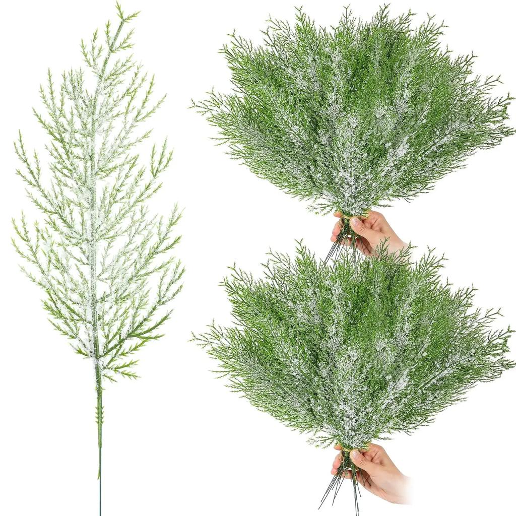 Artificial Christmas Frosted Pine Branches Faux Cedar Branches Fake Snow Sprigs Pine Leaves Plastic Cypress Garland Wreath DIY