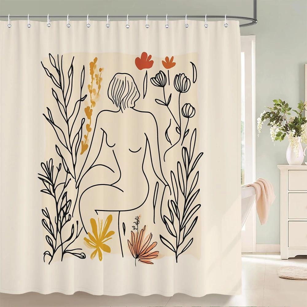 Abstract Bohemian style, Artistic Leaf Woman Shower Curtain Floral Printed Bathroom Bath Curtain Home Decor Curtain With Hooks