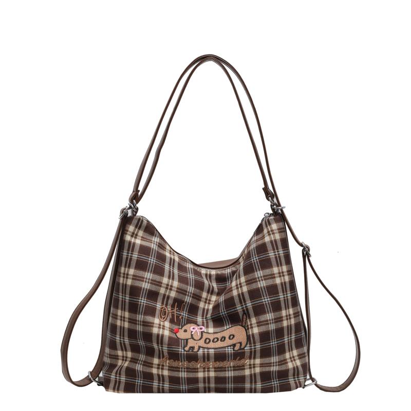 Large Capacity Backpack Women's Commuter Bag Plaid Tote Bag Cartoon Dog Shoulder Bag