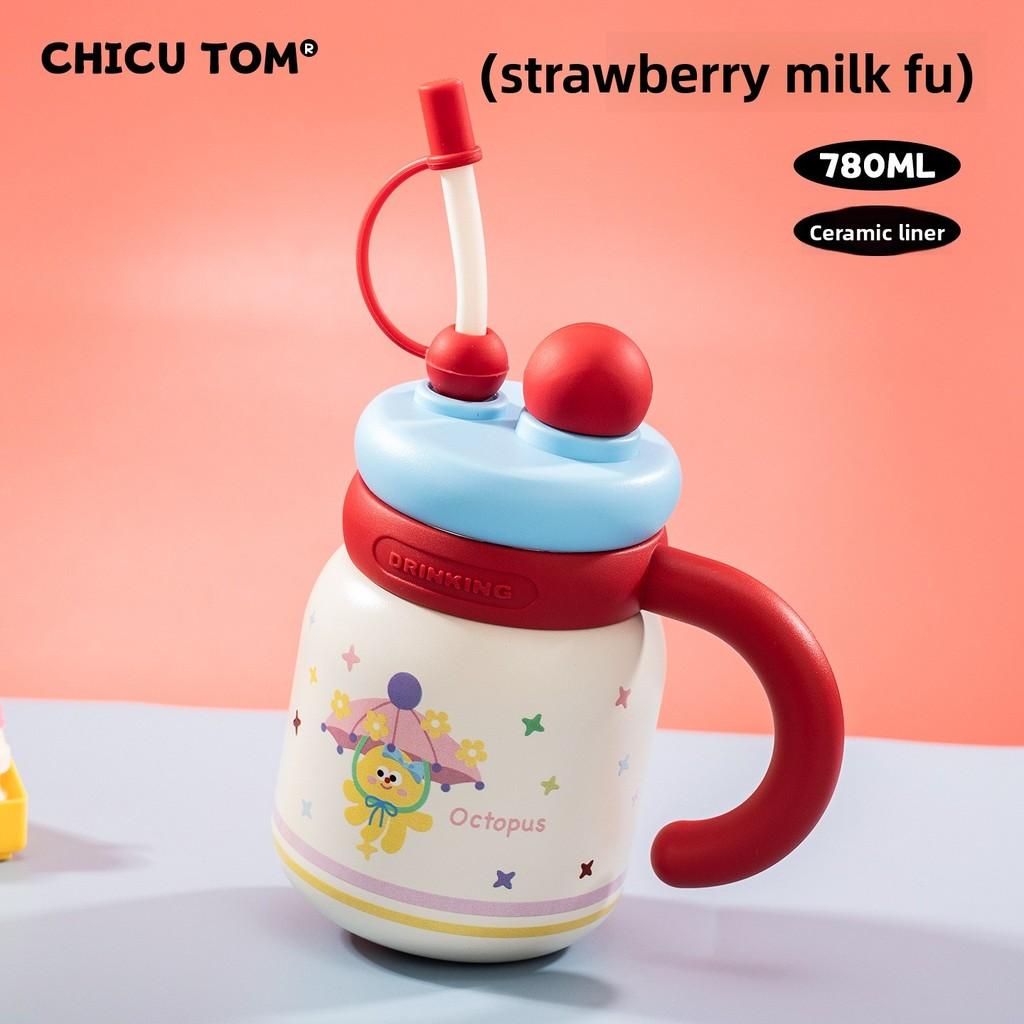Flower Apple Umbrella Cat Print Large Capacity Stainless Steel Insulated Cup With Handle And Straw For School And Home Use