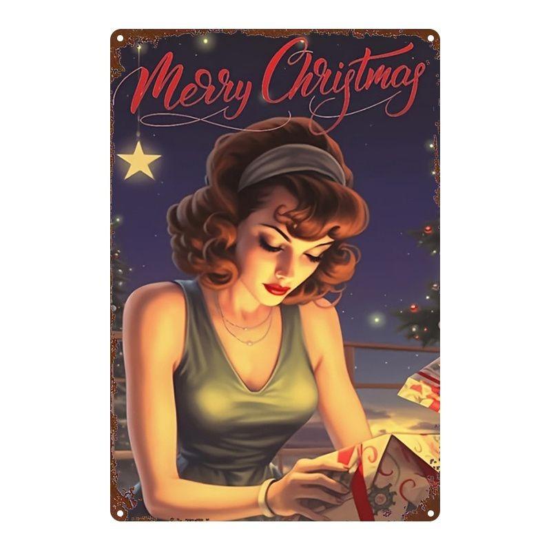 Noel Pin-Up Kızları Metal Tabela, Ofis Hediyesi Duvar Dekoru 20x30cm