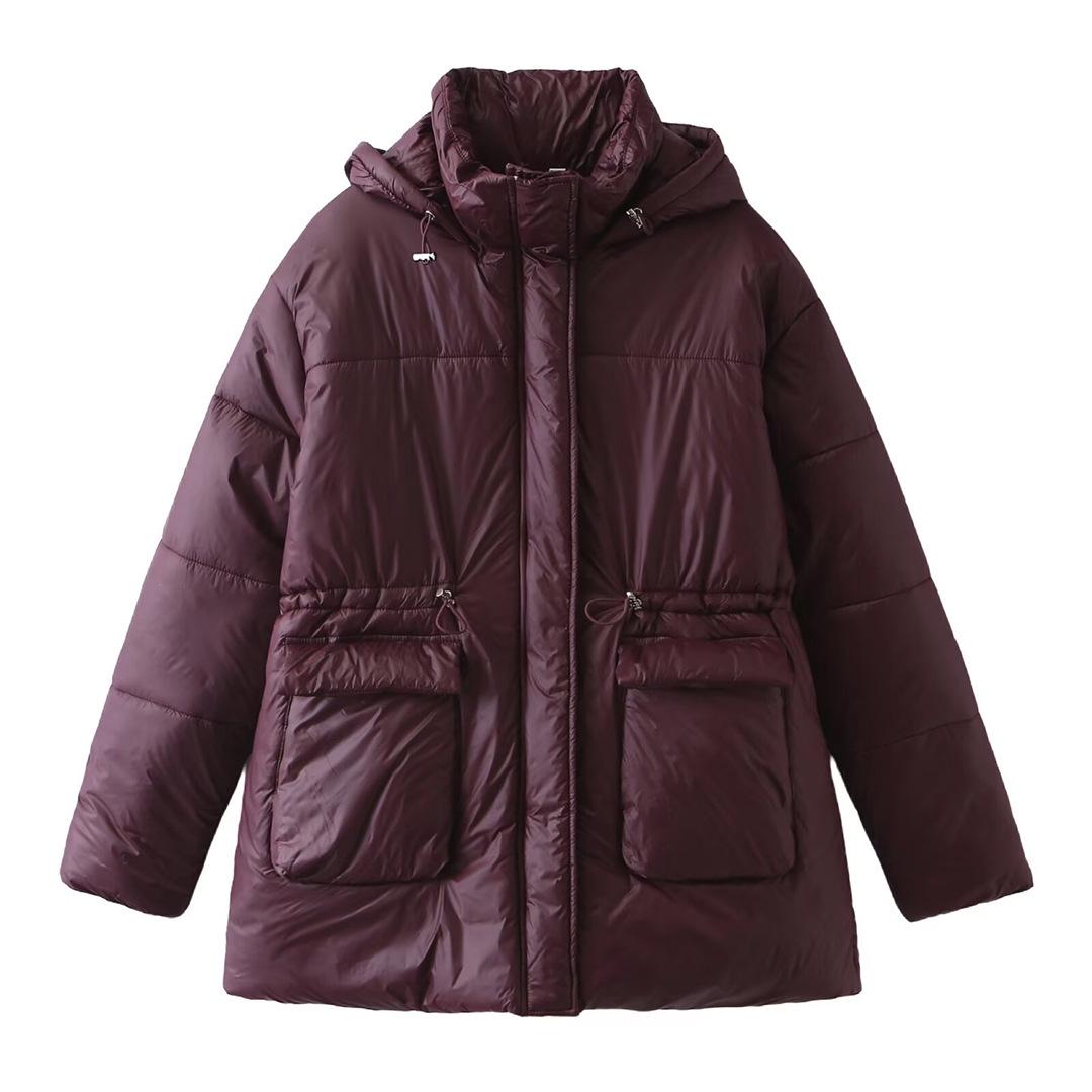 

2024 Женское хлопковое пальто винного цвета с капюшоном: Европейский и американский стиль, универсальная и модная зимняя одежда Medium вино красного