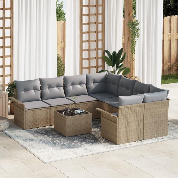 Ensemble de canapés de jardin de 9 pièces avec coussins beige en poly rattan, Canapé de jardin 2 places avec rangement 3353969