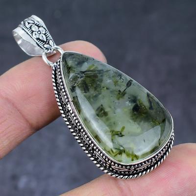 Natürlicher Prehnit Edelstein Handgefertigter 925 Sterling Silber Anhänger 2,25" q7p96
