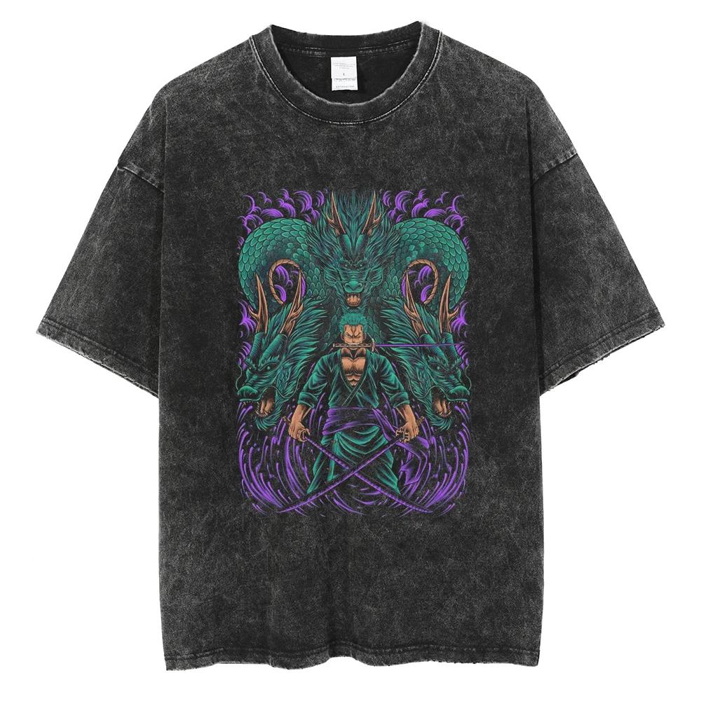 Harajuku Fashion Vintage TShirt Japanese ONE PIECE Anime Graphic Oversize T Shirt Washed Tshirt Men Summer Cotton Tops Tees