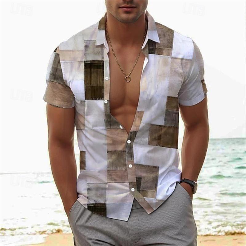 Men's Summer Shirt Vintage Patchwork Printed Button Lapel Short Sleeve Shirt Tropical Vacation T Shirt Fashion Soft Men Clothing