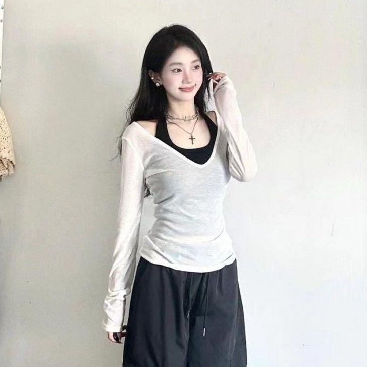 Pure Desire Color Block Camisole & Sun Protection Set - Women s Petite Spicy Girl Long Sleeve Slimming Top S