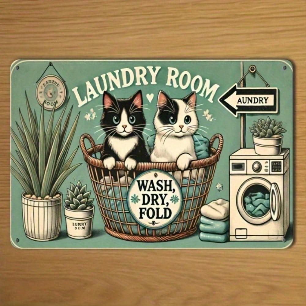 Vintage Cat Washing Machine Metal Wall Art Decor with Adhesive Hooks, Farmhouse Style 2D Hanging Ornament for Home