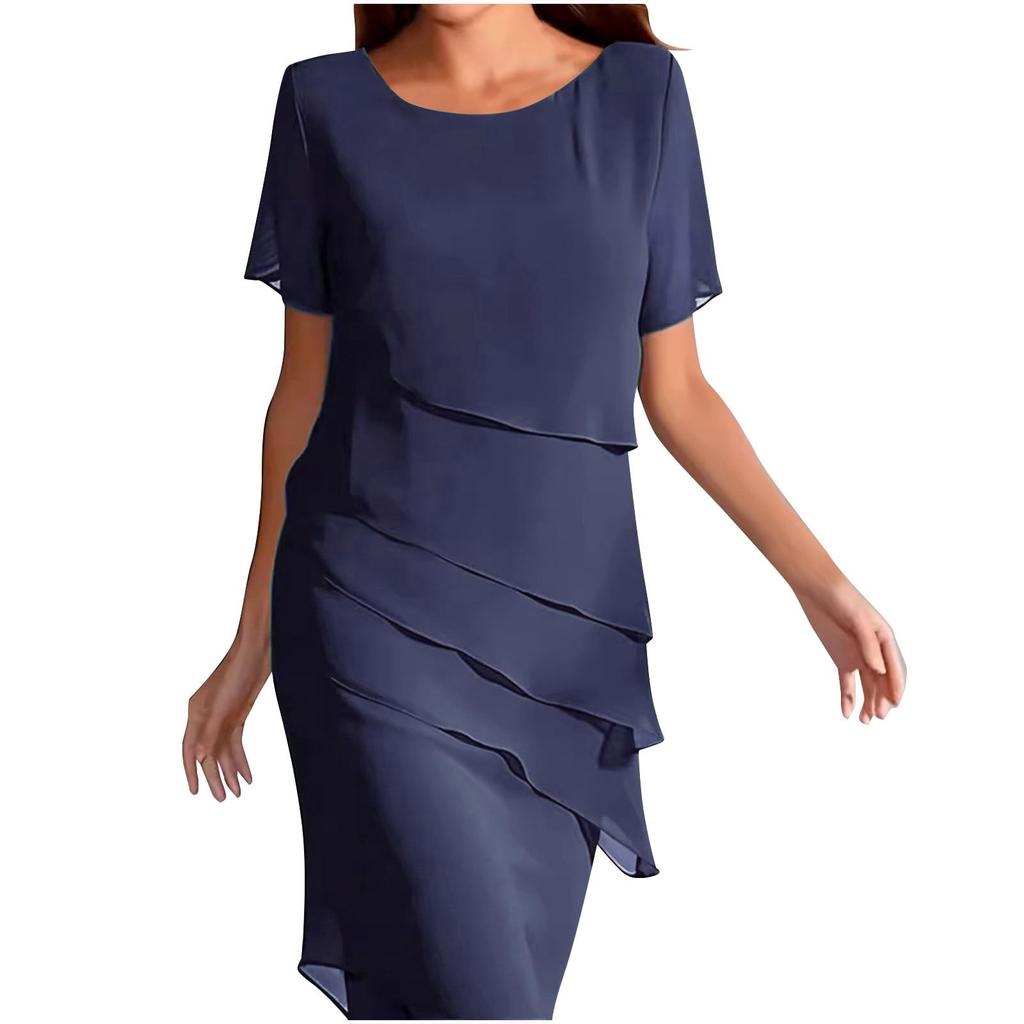 Women's Summer Dress Slim Fit Dress Solid Color Chiffon Round Neck Short Sleeved Dress