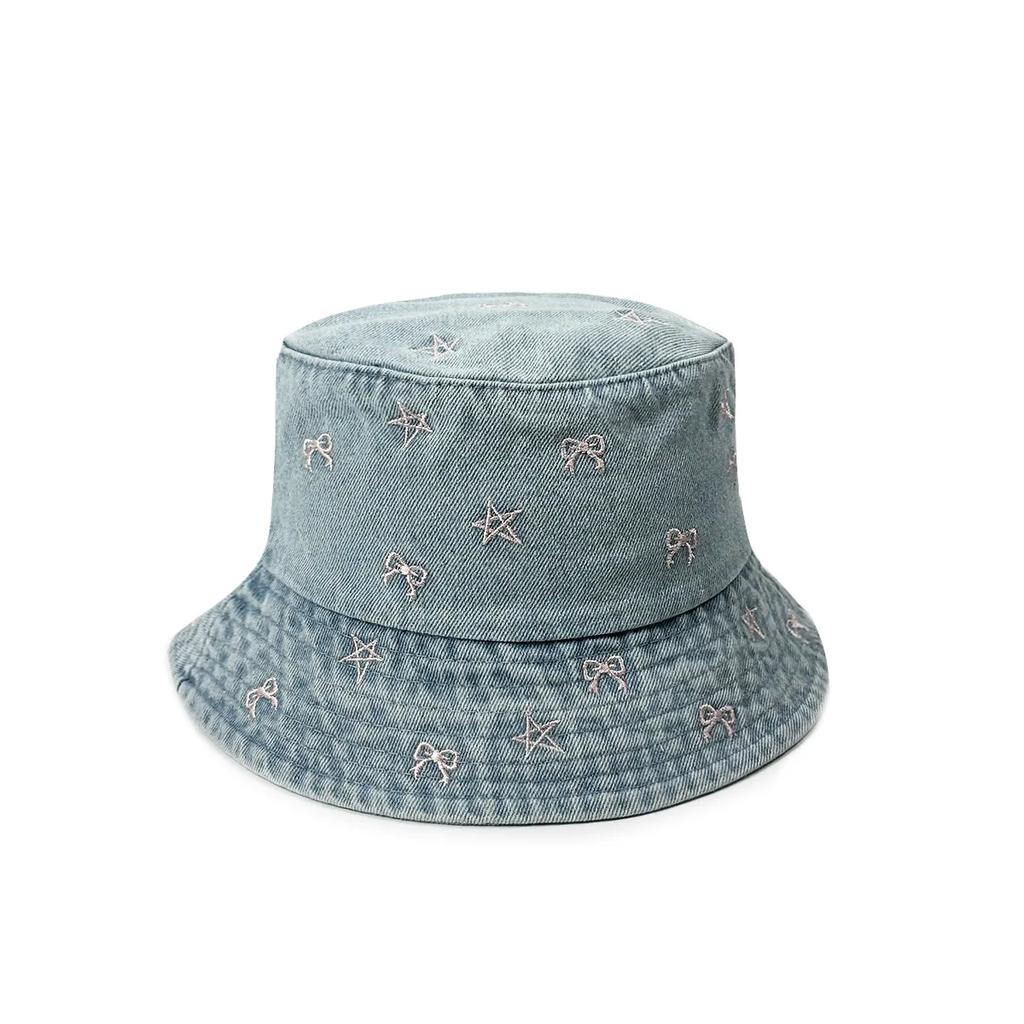 Korean Bow & Star Embroidered Denim Fisherman Hat, Sun Protection Hat, Washed Cotton