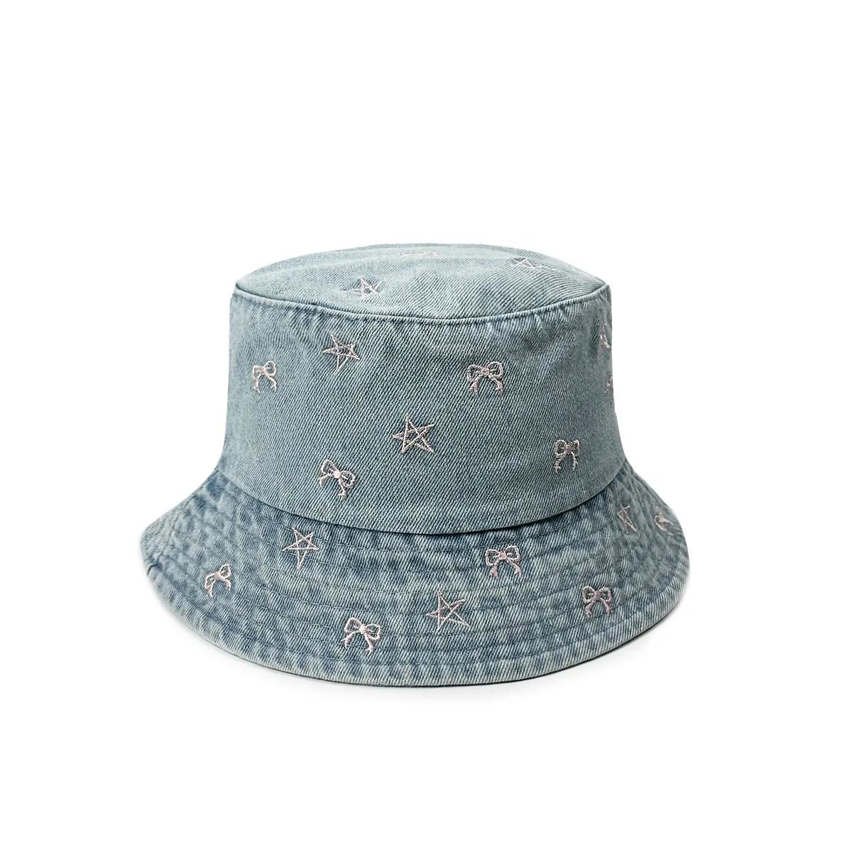 

Korean Bow & Star Embroidered Denim Fisherman Hat, Sun Protection Hat, Washed Cotton single code лазурь