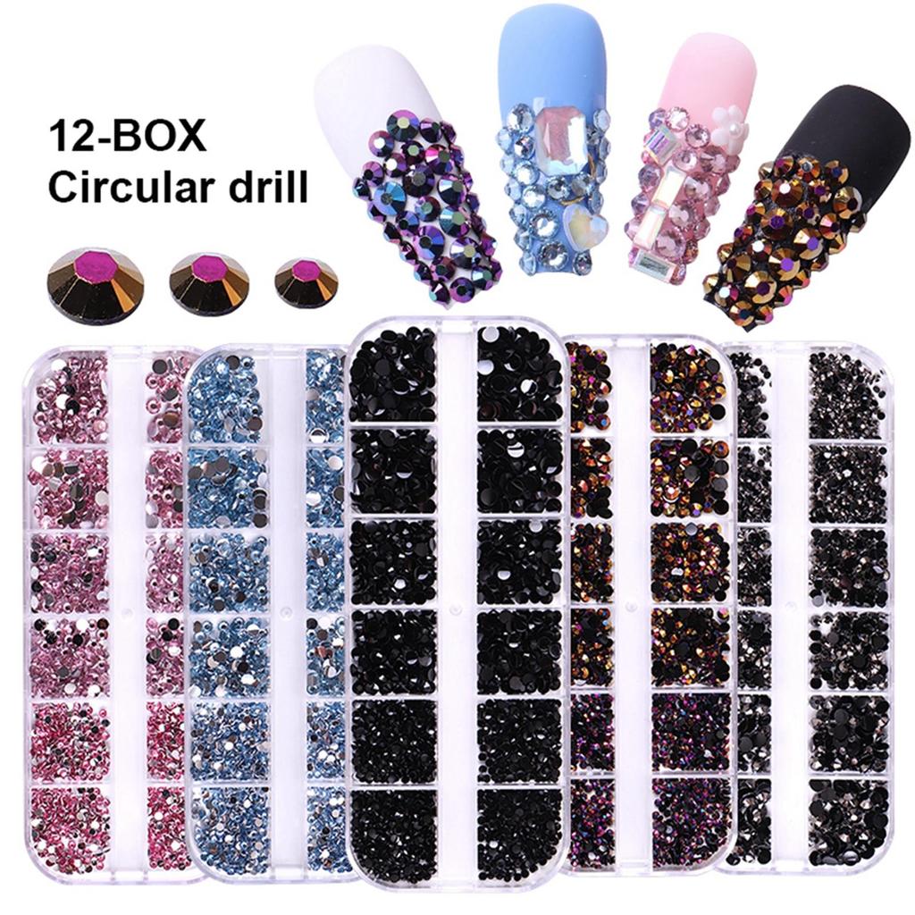 1500Pcs/box Nail Art Rhinestones 12 Grids Flatback Round Crystal Diamond Nail Gems Nail Art Decorations Manicure Accessories