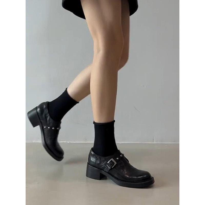 Washed Cowhide~ British Retro Round Head Rivet One-word Buckle Loafers Women's Versatile Leather Single Shoes Small Leather Shoes