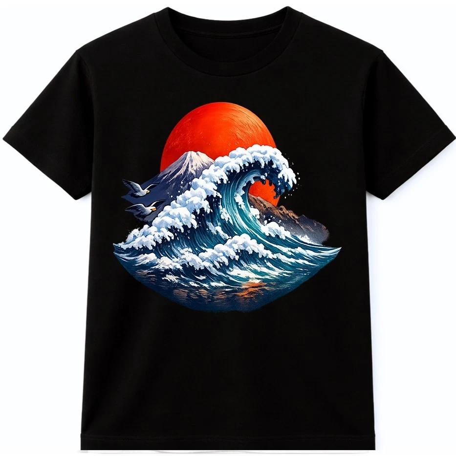 Japanese Wave T Shirt Rising Sun Mountain Ocean Art Graphic Tee XXXL