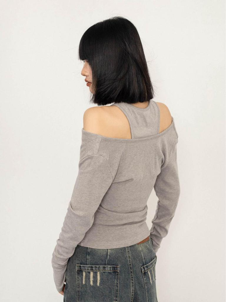 Damen Herbst Retro Ein-Schulter Slim Fit Langarm Oberteil