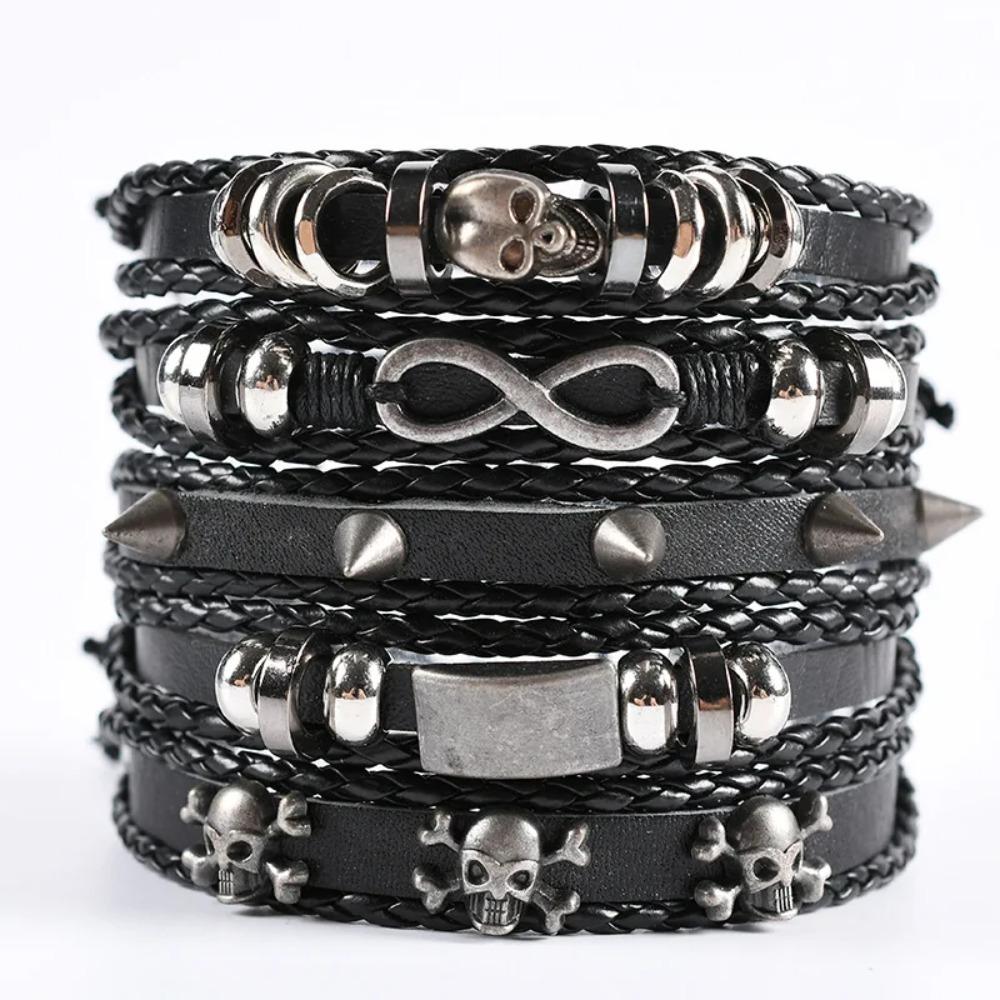 1 Mode-Armband Wikinger-Armband Für Männer Handgelenk-Armbänder Geflochtenes Totenkopf-Hand-Schmuckstück Verstellbares Leder-Set-Armband Für Leder