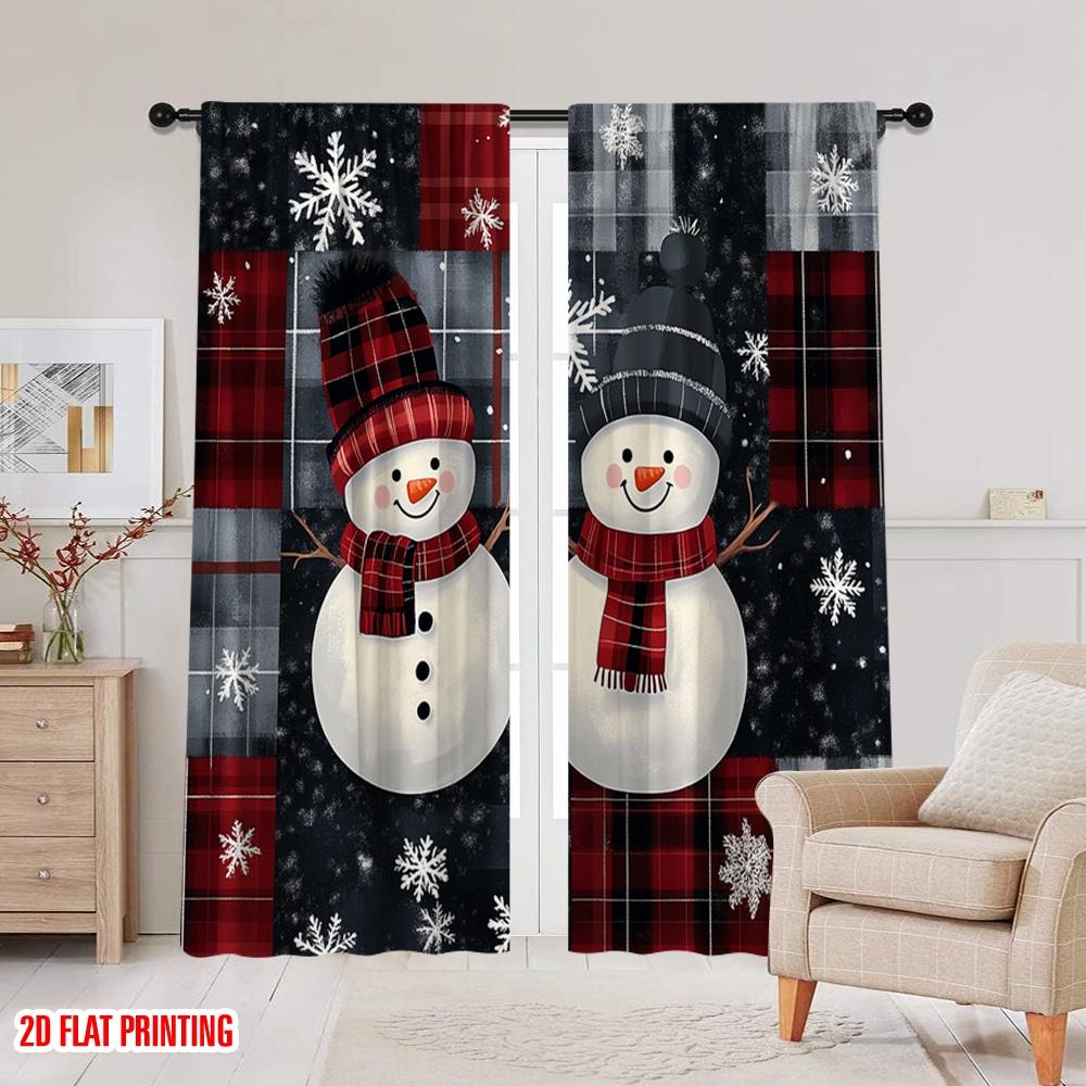 2pcs,2D plane printing Popular Curtains Buffalo Plaid Snowman Family (2) Polyester Fabric (without rod) Festive Perfect for