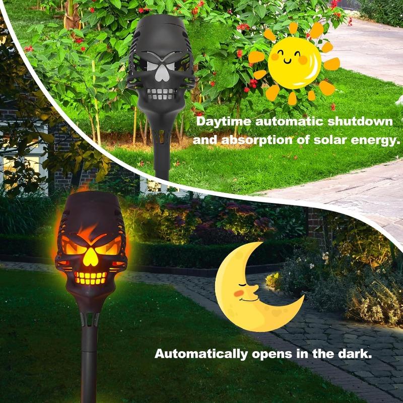 Solar Halloween Skull Lights Flickering Flame Torch Lights Waterproof LED Outdoor Decor for Patio Yard Path Landscape Lighting