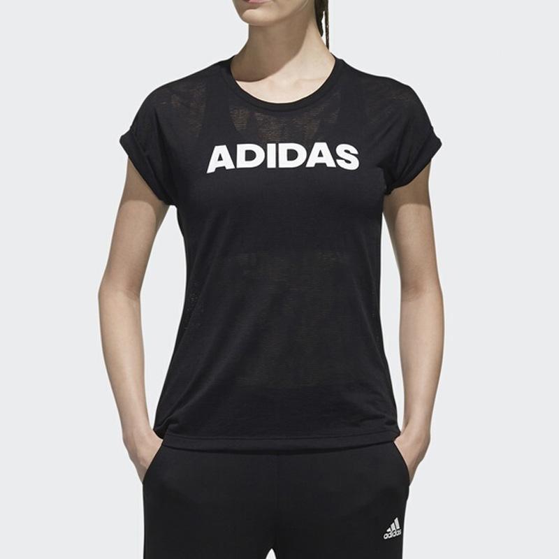 Adidas Alphabetic Print Round Neck Running Training Short Sleeve T-Shirt Women Tops Black EK4715
