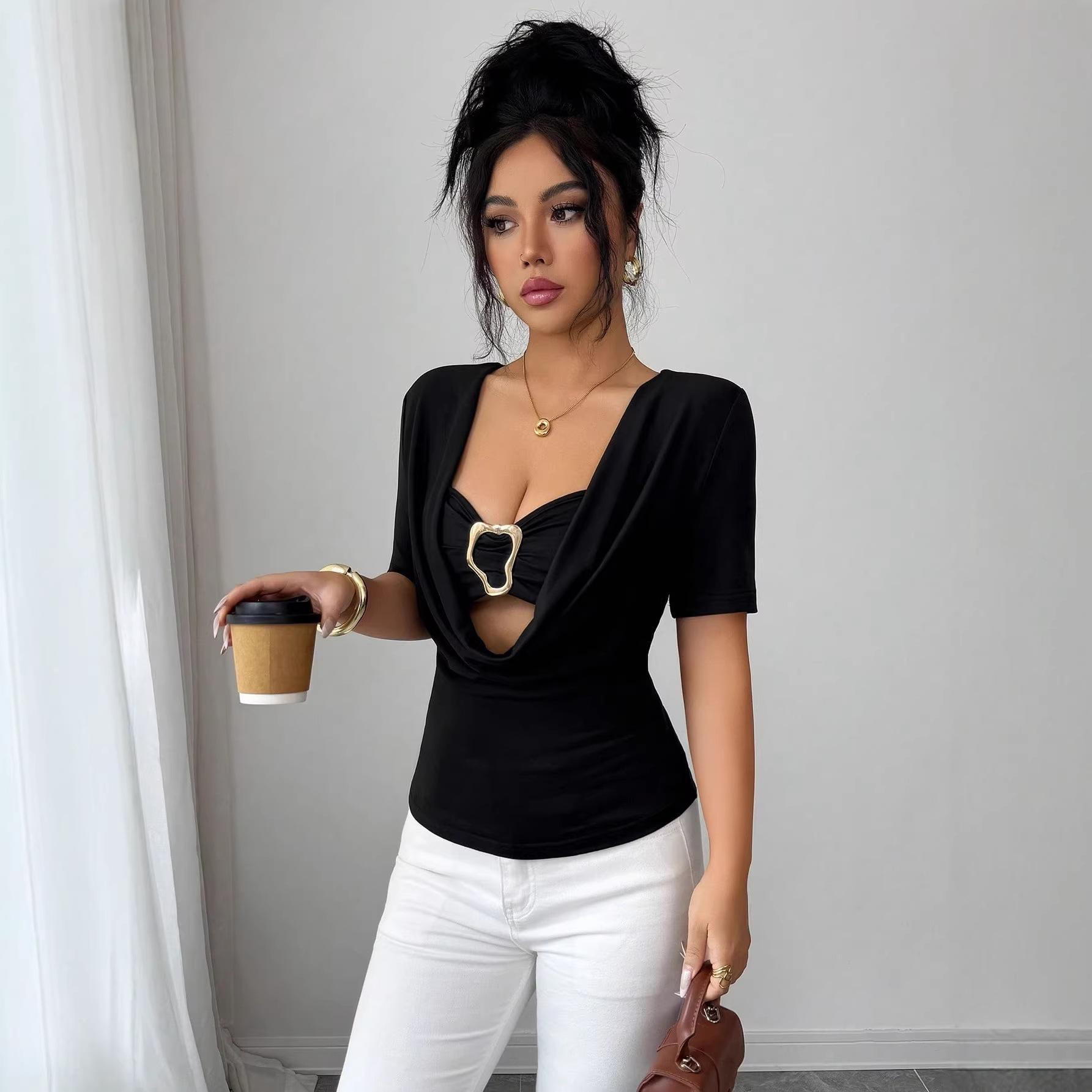 

Women s Cowl Neck Fitted Top with Gold Metal Buckle Short Sleeve Bodycon Blouse S чорний