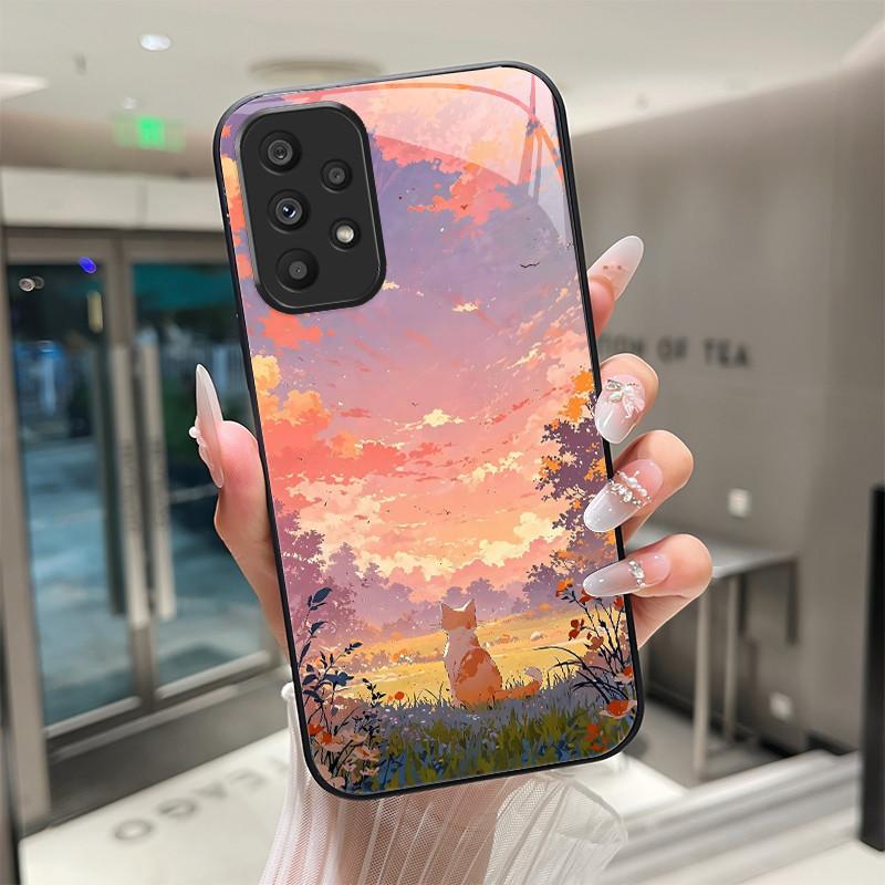 Süße Cartoon-Katzen Blumen Hülle Für Samsung Galaxy A52 A52S A72 4G 5G Gehärtetes Glas Handyhülle Schutzhülle Rückseite Hartschale
