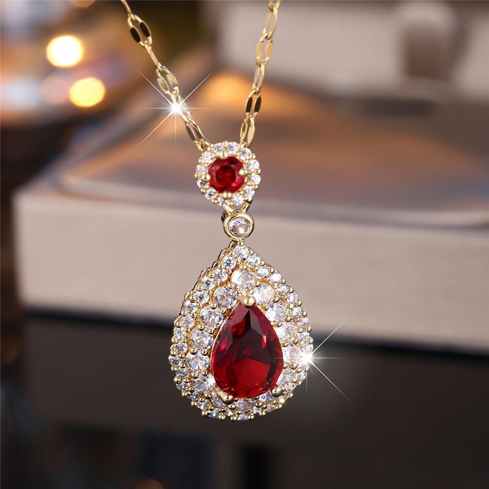 Luxury Female Crystal Green Red Zircon Stone Water Drop Pendant Necklace Vintage Silver Color Wedding Jewelry For Women