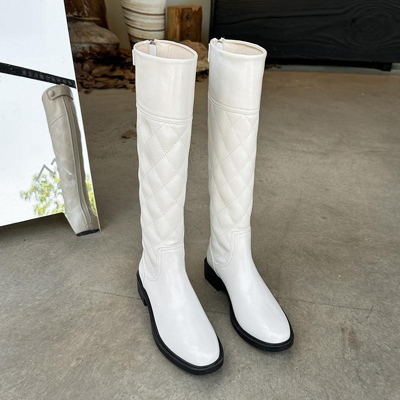 Cowhide Version Rhombus Pattern Round Head High Tube Thick Heel Knight Boots Women But Knee Thin Flat Bottom Boots Women