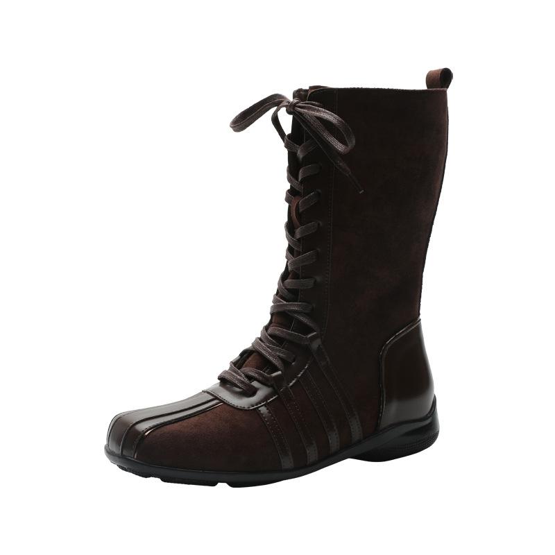 New Retro Knight Short Boots Women's Autumn and Winter Boots Lace-up Western Boots Niche Flat-bottomed Color Matching Short Boots