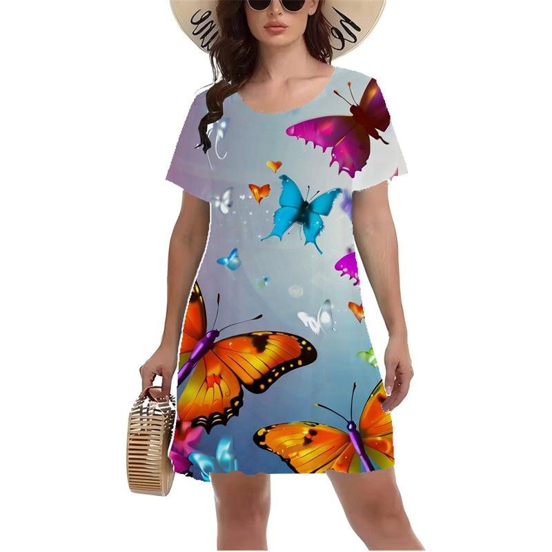 3D Colorful Butterfly Printed Dress Summer Short Sleeve O-neck Casual A-Line Dresses Fashion Lady Beach Vacation Dress Vestidos