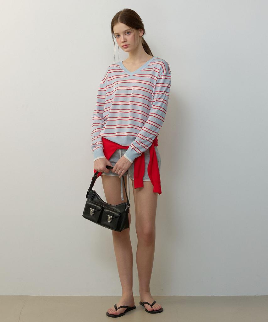 CITYBREEZE Linen V-Neck Striped Pullover Knit_Blue
