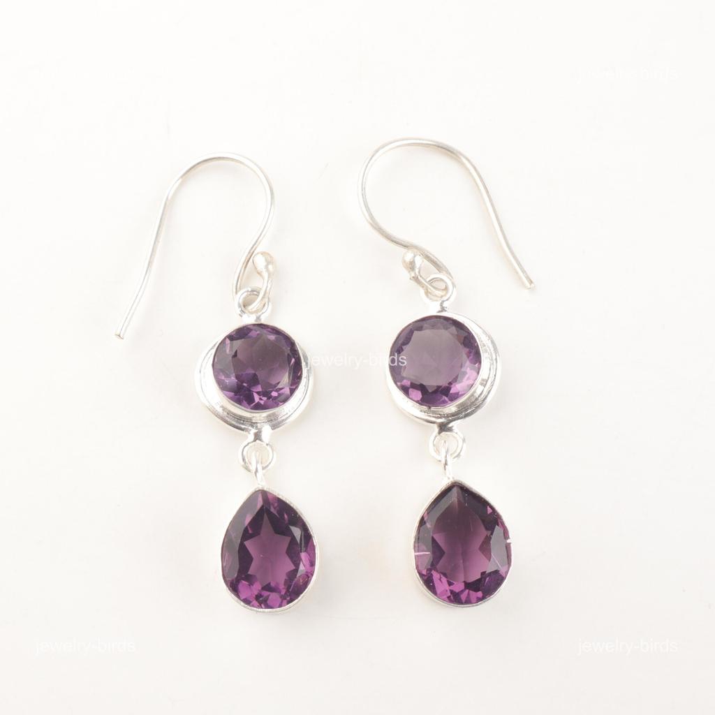 Natural Amethyst Hook Sisters Gift Drop Dangle Boho Earrings 925 Sterling Silver EE-142-2