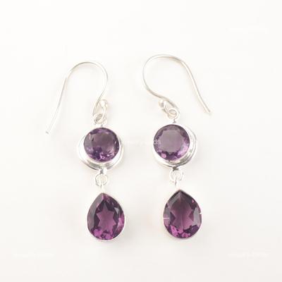Natur-Amethyst Haken Schwestern Geschenk Tropfen Hänger Boho Ohrringe 925 Sterling Silber EE-142-2