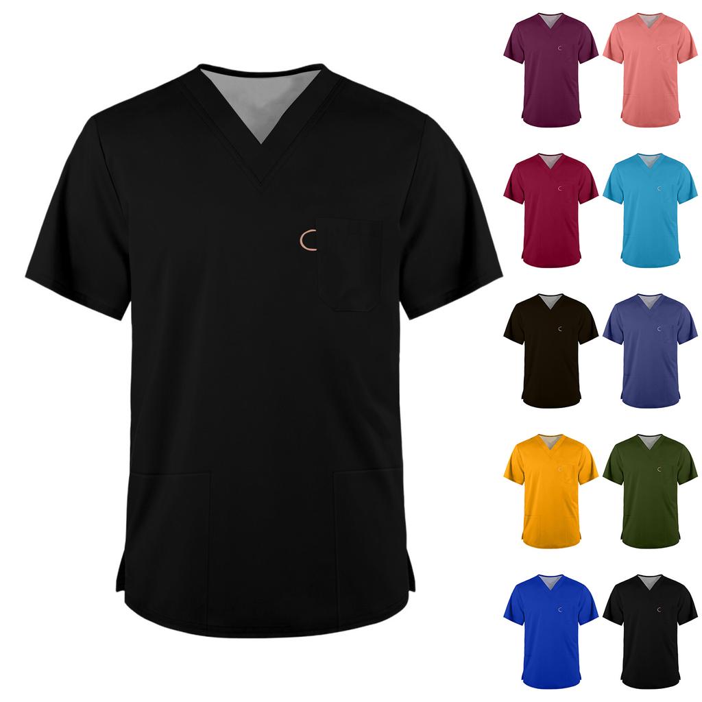 Men's Fashion V-Neck Short Sleeve Work Uniform Top for Caregivers Daily Wear