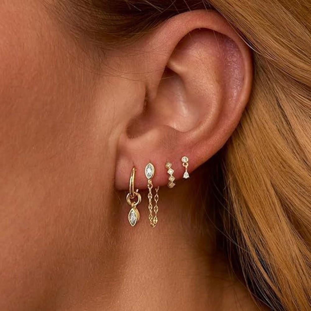 4Pcs/Set Chain Huggie Hoop Earrings Geometric Dangle Earring Set Women Accessories