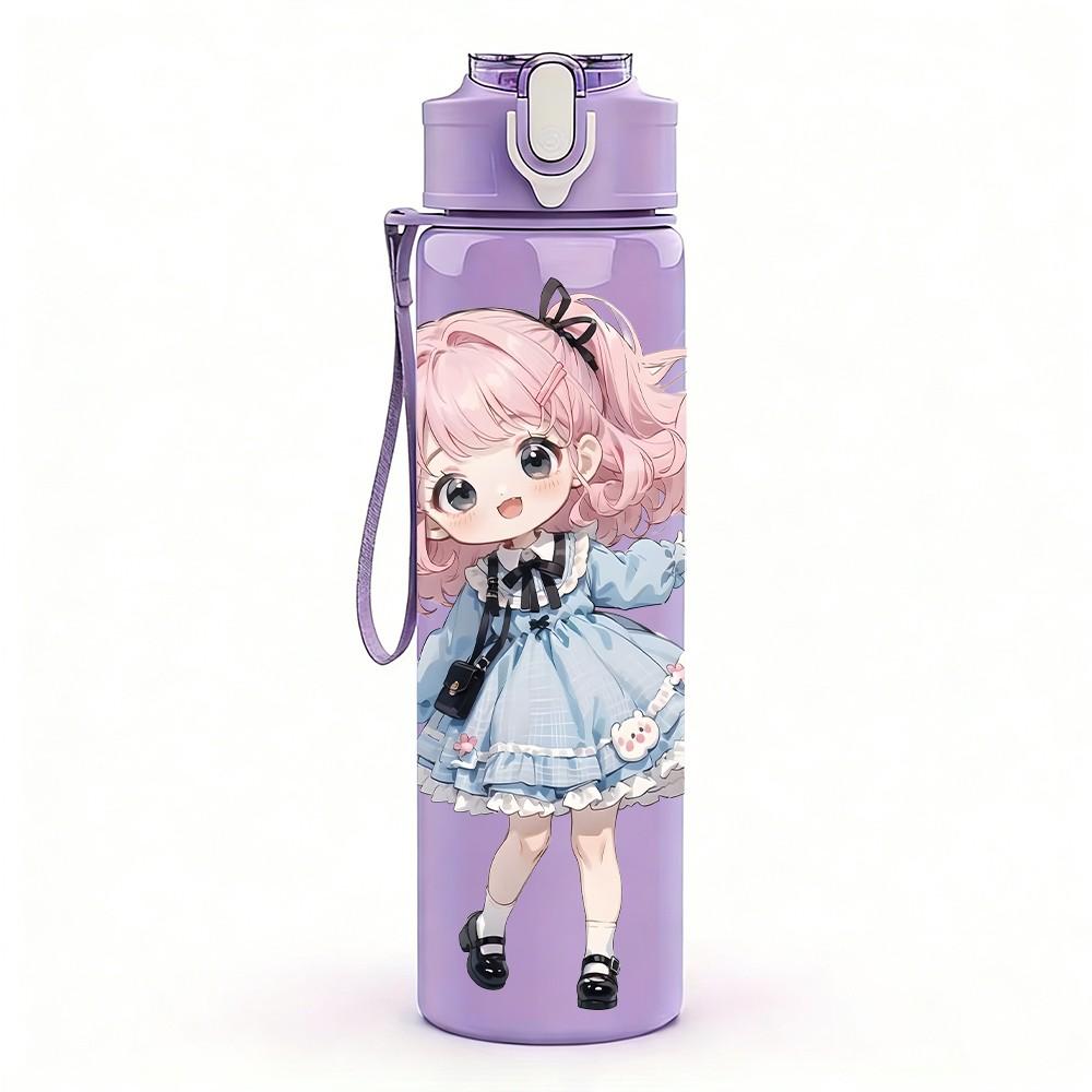 1PC Pink Hair Girl Blue Bubble Pattern 750ml Color Plastic Sports Water Bottle Leakproof Flip Straw Lid Suitable for Sports Office Home Use